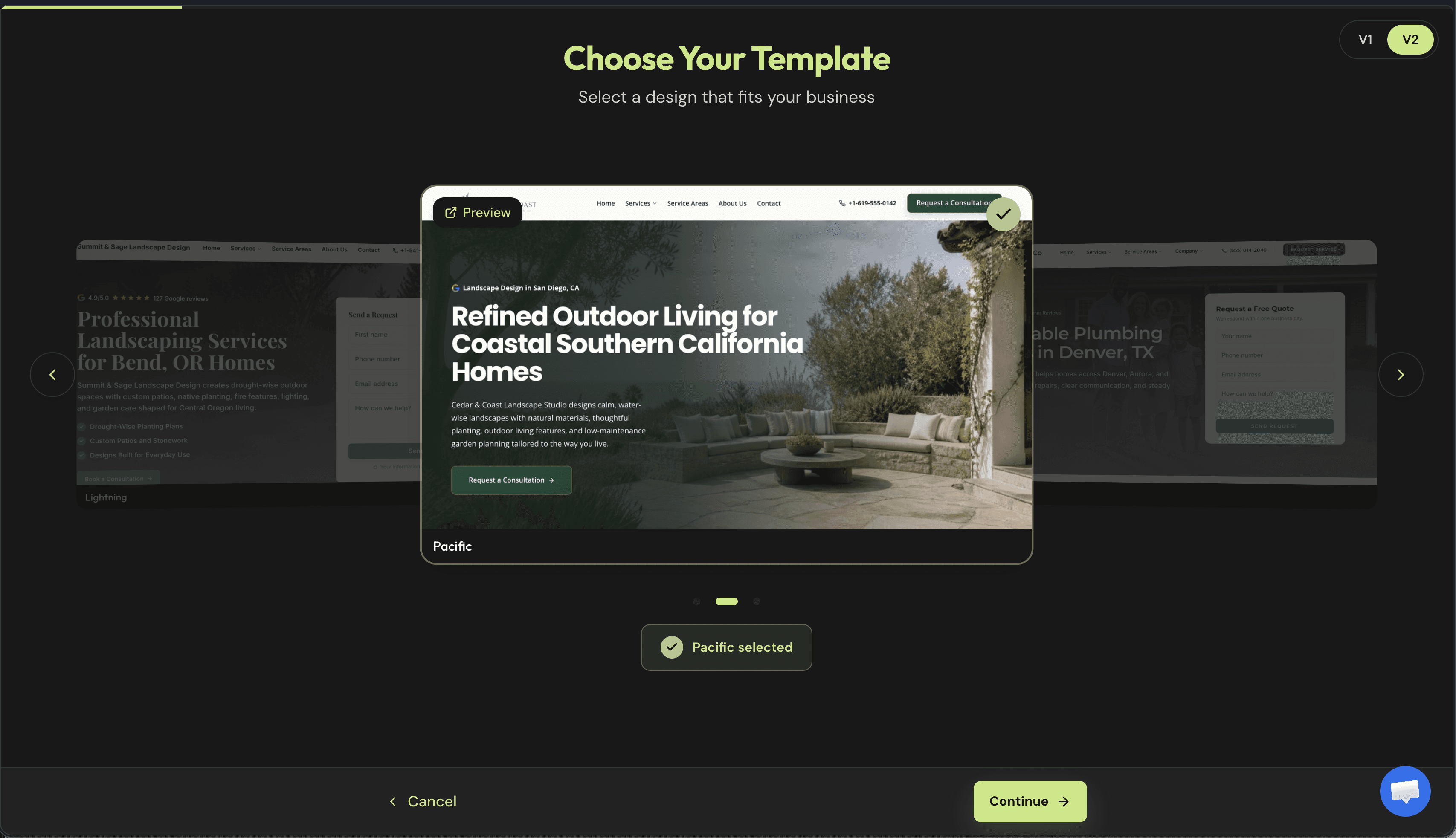 1ClickWebsite template selection showing a complete SEO-ready WordPress website preview
